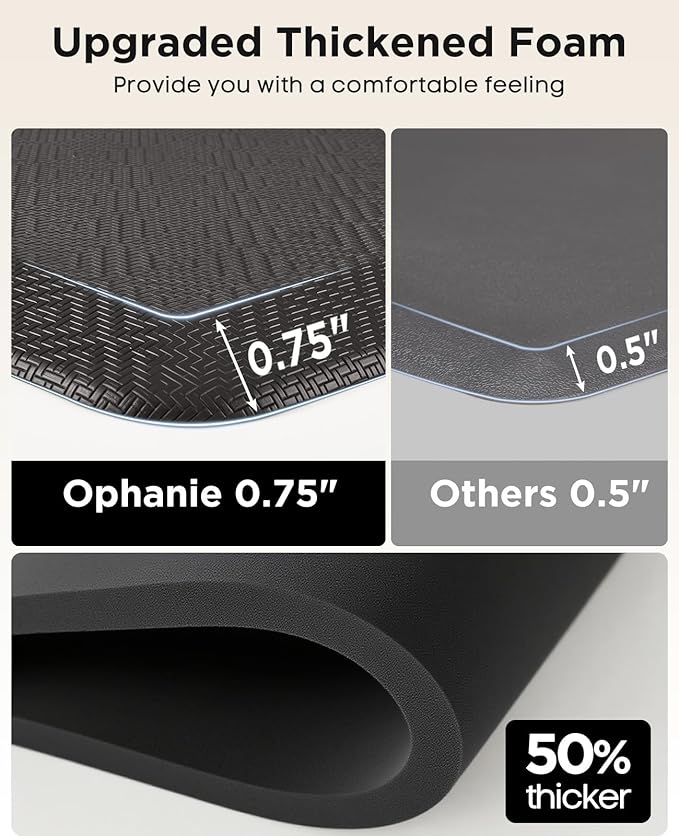 Ophanie Kitchen Mats for Floor, 3/4 Inch Thick Kitchen Rugs, 24 x 70 Anti Fatigue Standing Cushioned Mat, Waterproof,Comfort Ergonomic Mat for Office, Home, Sink, Black Non-Slip Bottom