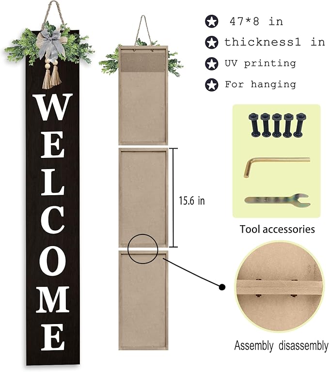 Outdoor Welcome Sign for Front Door Standing 47"X8" Large Farmhouse Wood Framed Tall Leaner Vertical Decor Rustic Home Outside Welcome Sign for Front Porch Decoration (Black)