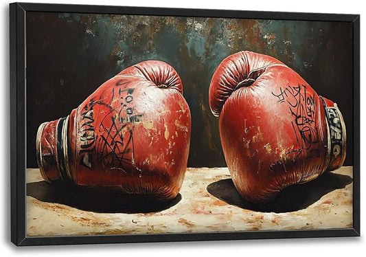 Olivine Sports Wall Art, Boxing Wall Decor, Vintage Boxing Gloves Painting, Graffiti Canvas Prints, Framed Artwork for Bathroom Bedroom Living Room Office Home Decoration 36"x24"