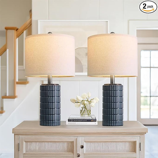 PoKat 20.75" Small Blue Table Lamps, Farmhouse Bedside Lamps for Bedroom Set of 2, Ceramic End Table Lamps for Night Stands Living Room, Modern Nightstand Desk Lamps, Dark Blue