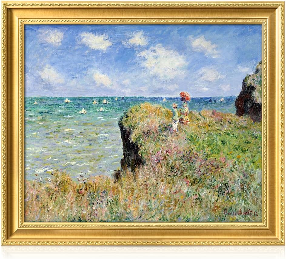 DECORARTS - Claude Monet The Cliff Walk At Pourville Giclee Print with Gold Solid Wood Frame, Impressionist Large Framed Wall Art, Ready to Hang, Framed Size28.75x24.75, Made in USA