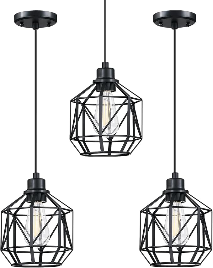 Leading Lighting 3 Pack 1 Light Vintage Hanging Pendant Light Fixture,Farmhouse Lantern Cage Pendant Ceiling Lights with Black Finish for Kitchen Island Dining Restaurant Room Hallway Hotel Bar