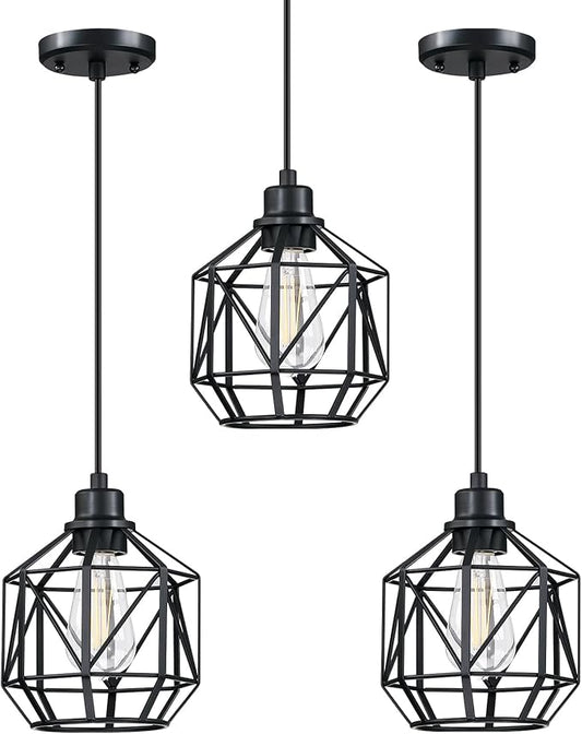 Leading Lighting 3 Pack 1 Light Vintage Hanging Pendant Light Fixture,Farmhouse Lantern Cage Pendant Ceiling Lights with Black Finish for Kitchen Island Dining Restaurant Room Hallway Hotel Bar