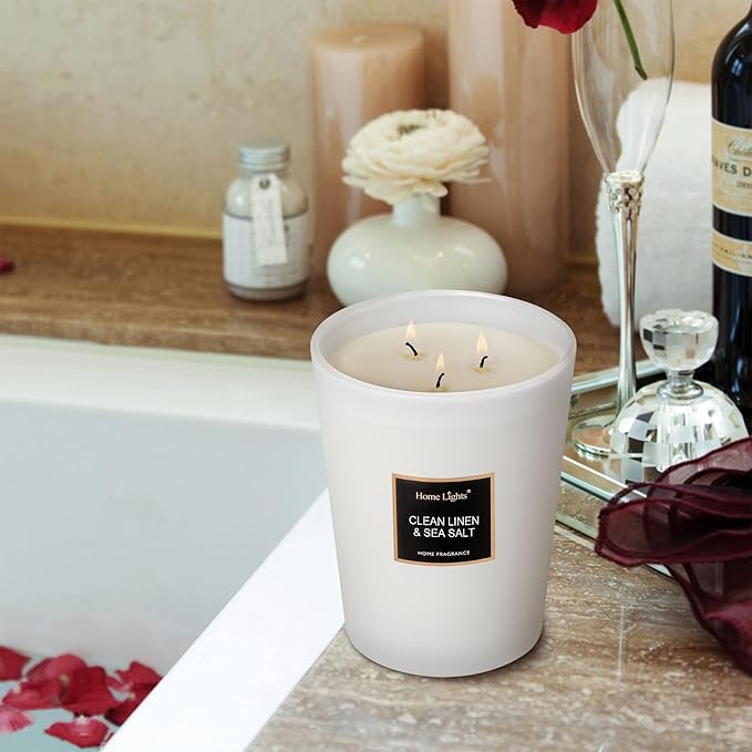 HomeLights Scented Candles - Large Jar Aromatherapy, Natural Soy Wax, 130 Hour Long Burning, Clean Linen & Sea Salt
