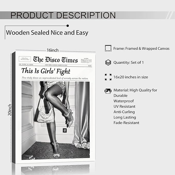 Vintage Shining Framed Wall Art,Hot Girl Newspaper Prints Motivational Affirmation Poster Trendy Canvas Wall Art Modern Retro Magazine Decor for Bar Cart Living Room Home Décor Apartment Bedroom 16x20