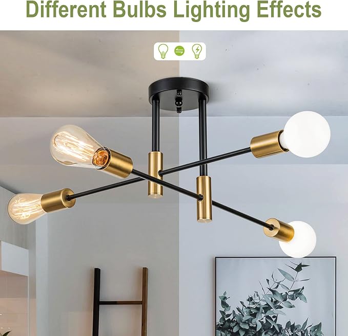 4-Light Black Modern Sputnik Chandeliers, Gold Semi Flush Mount Ceiling Light Fixture, Mid Century Farmhouse Kitchen Lighting Fixtures Ceiling Mount for Living Room Dining Room Bedroom