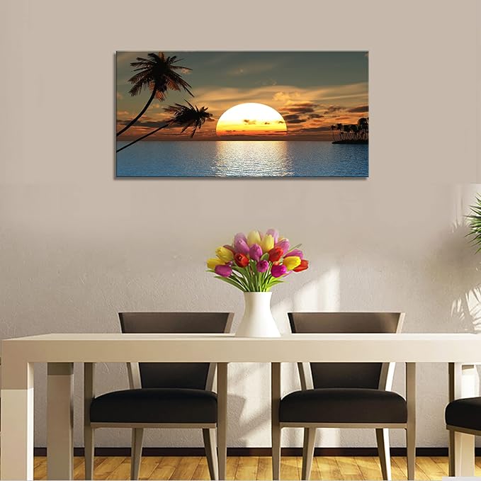 DZL Art S75662 Sunset Coconut Palm Trees Canvas Wall Art Palm Trees on the small island Tropical Scenery Nature Canvas prints Pictures for Living Room Home Office Wall Decor Artwork