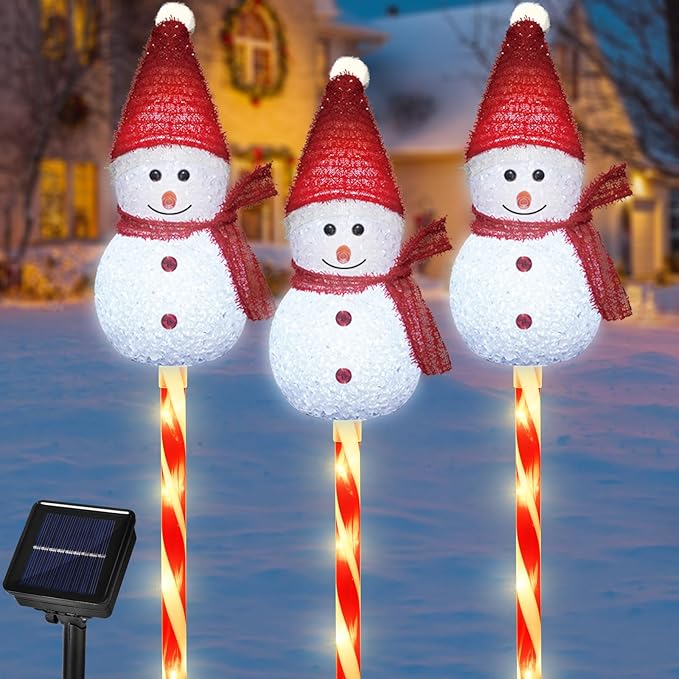 Set of 3 Snowman Solar Christmas Decorations, 8 Modes Solar Garden Lights, Candy Cane Christmas Stake Light, Outdoor Xmas Decor for Yard, Patio, Pathway (White)