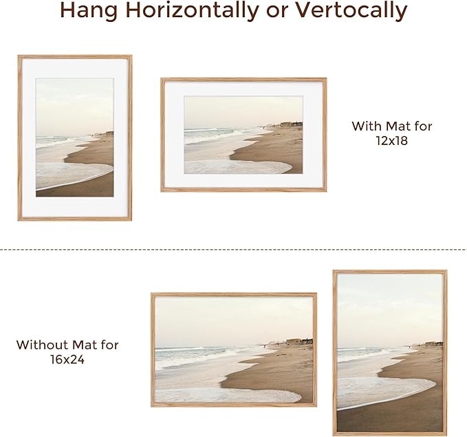 16x24 Wood Picture Frame, Real Oak Wood 16 x24 Frame for Wall, 16x24 Inch Poster Frame, 16x24 Picture Frame Matted to 12x18, 16 by 24 Wooden Frame, Natural Oak Color, 1 Pack