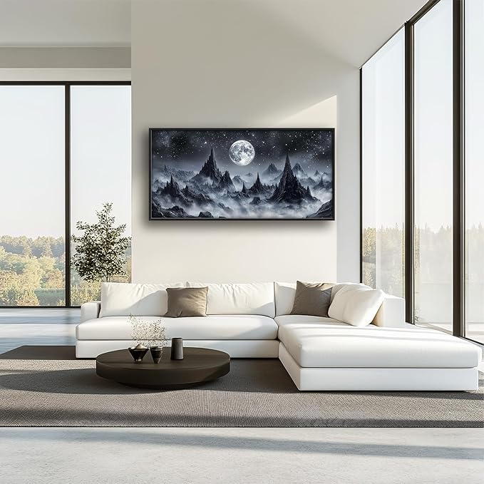 Olivine Mountain Large Wall Art, Moon Pictures Wall Decor, Nature Landscape Paintings, Night Mountains Canvas Prints, Framed Artwork for Dining Room Bedroom Living Room Office Bathroom Home 60"x30"