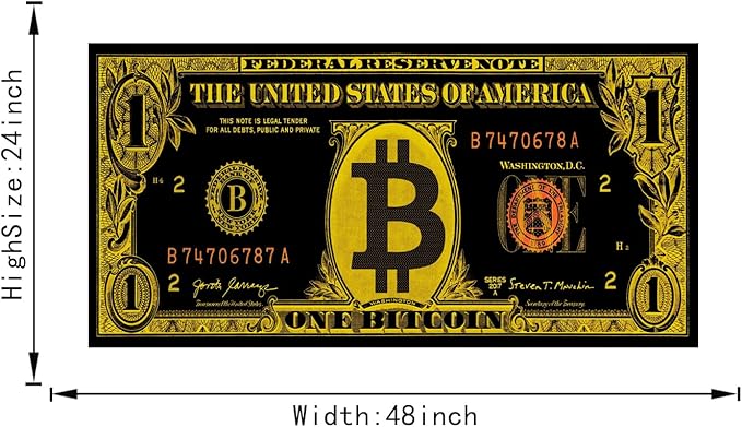 Extra Large Modern Home Living Room Decor Bitcoin Canvas Wall Art Black Golden Retro Money Artwork Poster and Prints Framed Easy to Hang-48x24 inches