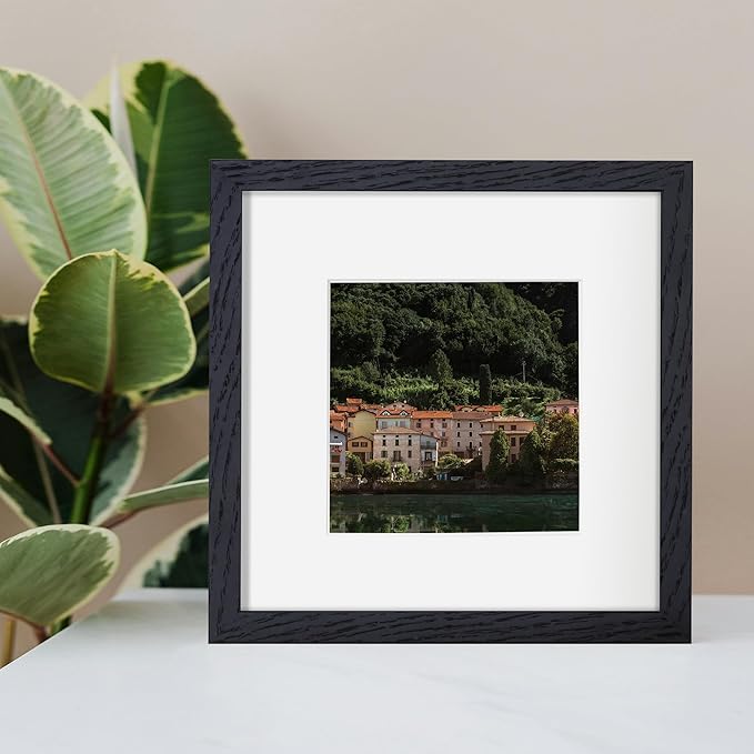 Rustic Oak 8x8 Picture Frame, Solid Oak Wood, 8"x8" Square Photo Frame with Tempered Glass, Matted to 4"x4", Black, Set of 2