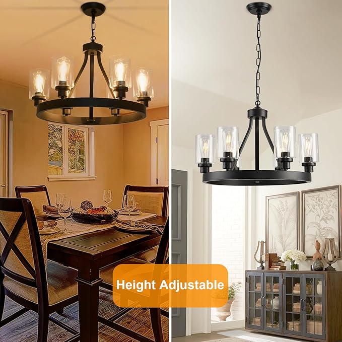 D24'' Black Wagon Wheel Chandelier, 6-Light Black Round Farmhouse Chandeliers, Dining Room Light Fixtures Industrial Hanging Lights for Kitchen Island, Living Room, Bedroom, Entryway, Foyer