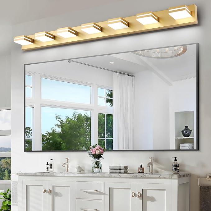 SineRise LED Modern Bathroom Vanity Light Fixtures (7-Light, 55-Inch), Gold Modern Acrylic Bathroom Wall Lighting Fixtures Over Mirror (Cool White 6000K)