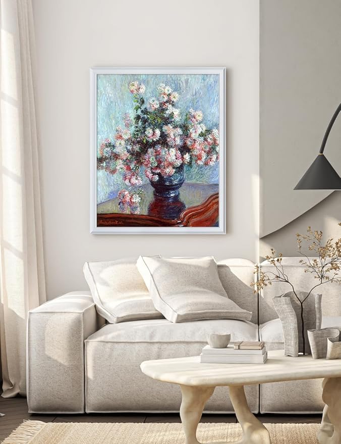 DECORARTS - Claude Monet Chrysanthemums 1882, Large Framed Wall Art, Canvas Size 28x35, Outer Dimensions Larger With Customizable Solid Wood Frames, Giclee Canvas Print, Made in USA