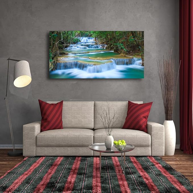 Waterfall Pictures Canvas Wall Art for Living room Bedroom Wall Decor,Green Water Wall Art Print Paitnings for home Decor,Morden Artwork Tree River Water Canvas Art Waterproof Stretched Ready to