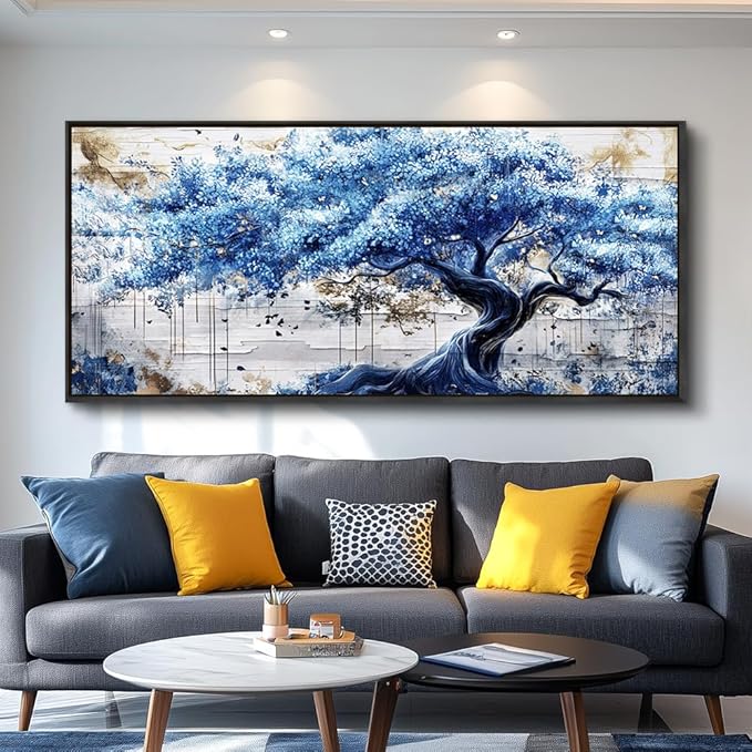 ERQINHUA Large Canvas Wall Decor For Living Room Wall Art For Bedroom Office Home Decor Blue Tree Wall Paintings Farmhouse Abstract Watercolour Pictures Artwork Ready To Hang 32x72 In Black Framed