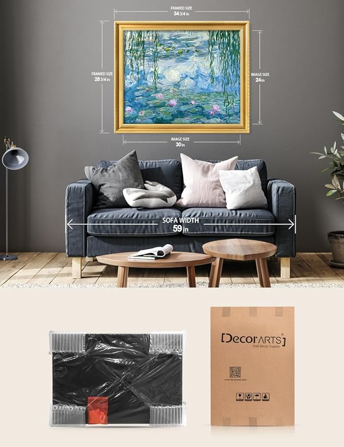 DECORARTS - Claude Monet Water Lilies 1916-1919 Giclee Print with Gold Solid Wood Frame, Impressionist Large Framed Wall Art, Ready to Hang, Framed Size 34.75x28.75, Made in USA