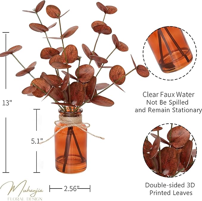 Artificial Eucalyptus Stems in Amber Glass Vase with Faux Water,3Pcs Fake Plant with Double-Sided Terracotta Leaves for Centerpiece (Double-Sided Terracotta Eucalyptus)