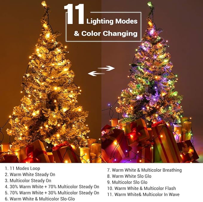 Brizled Christmas Tree Lights, 115ft 300 LED Color Changing Christmas Lights with Remote, 11 Modes Warm White & Multicolor Christmas String Lights Connectable 24V Xmas Lights Green Wire for Xmas Home