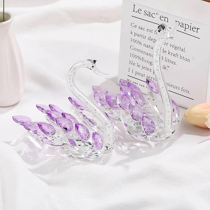 Set of 2 Crystal Purple Swans Figurines, Anniversary Wedding Gifts for Women, Mom, Couple, Glass Swan Collectibles Birthday Presents Keepsake for Parents Home Decor, 6.5in Gift Boxed
