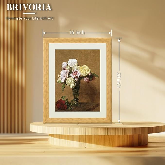 Brivoria Framed Canvas Wall Art Vintage Decor, Majestic Autumn Floral Still Life with Colorful Roses in Fluted Vase and Warm Rustic Tones for Living Room Dining Room Fireplace or Gallery Display,16x20
