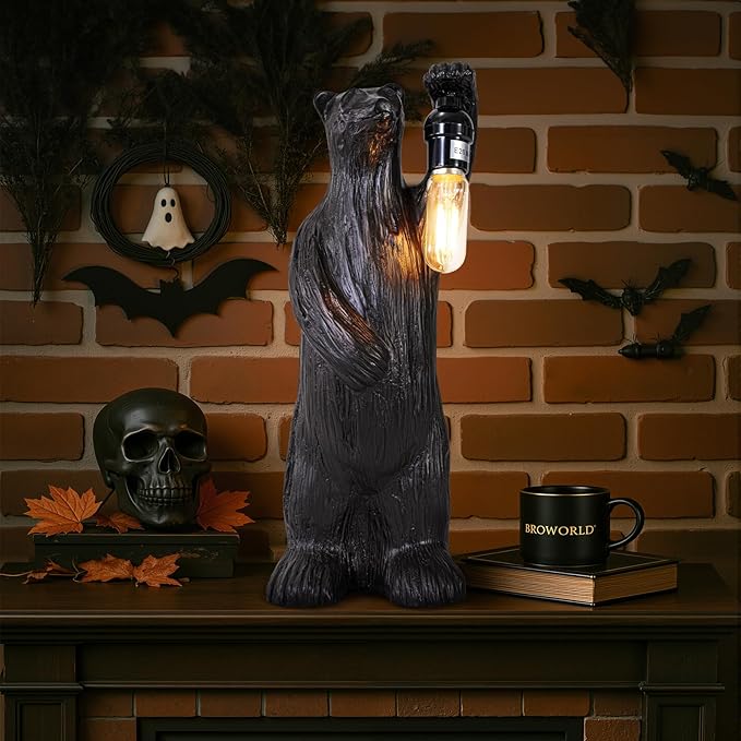 Scenekoy Bear Table Lamp for Living Room Bedroom, Memory Function, 3 Way Cycling Dimming, Resin Gothic Style Bedside Nightstand Lamps, Rustic Night Light Home Room Decor (Bulb Included)