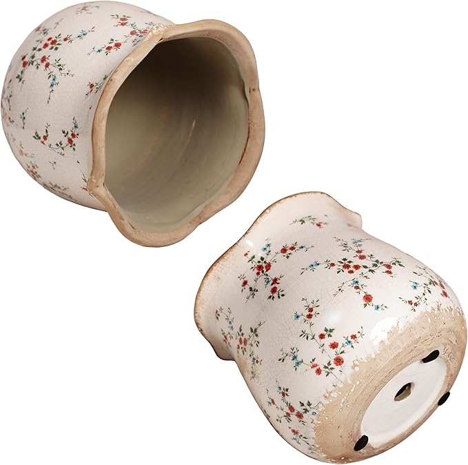 Ceramic Pots for Plants, Vintage Plant Pot with Drainage Hole, 6.11in. Planter for Indoor Plants, Crackle Glaze Finish Flower Pot, Perfect Tuscan Ceramic Planter for Gardening, Small Red Blooms