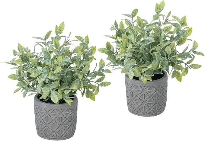 MyGift Set of 2 Fake Plants, Artificial Leafy Foliage Plants in Gray Concrete Pots, Faux Greenery House Plants Potted in Decorative Round Planters