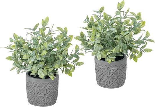 MyGift Set of 2 Fake Plants, Artificial Leafy Foliage Plants in Gray Concrete Pots, Faux Greenery House Plants Potted in Decorative Round Planters