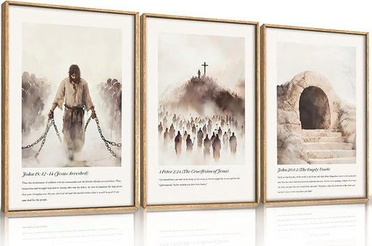 KAIRNE Christian Wall Art Set of 3, Jesus Bible Verses Framed Canvas Prints, Religious Jesus Liberation, Crucifixion, Empty Tomb Home Decor for Living Room, Bedroom, Church - 16x24 Inch