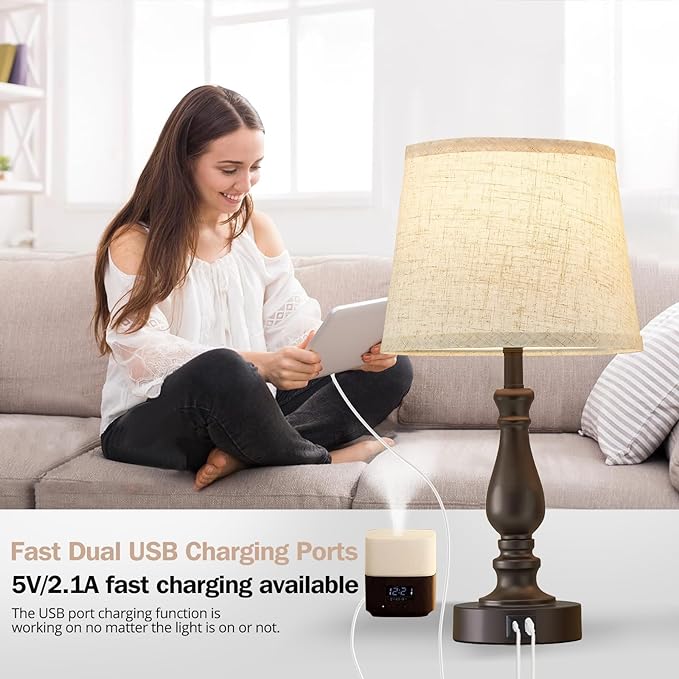 Table Lamps for Bedrooms Set of 2 - Touch Bedside Lamps with USB C+A Ports - 3 Way Dimmable Nightstand Lamps for End Tables Farmhouse Night Stand Lamps for Living Room Bed Side Guest Room