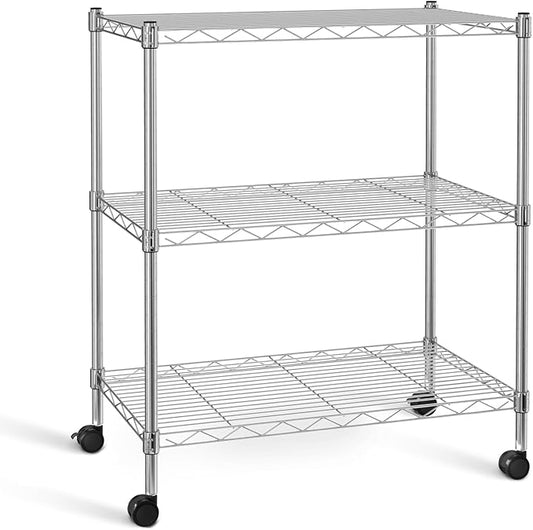 HealSmart 3-Tier Heavy Duty Storage Shelves 750Lb Capacity, 24.02" D x 13.78" W x 29.92" H Adjustable Shelving Unit with Wheels, Chrome