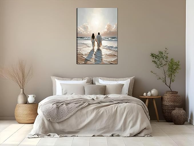 Jesus and Woman Walking on Water Canvas Wall Art Religious Coastal Wall decor pictures Christian Painting poster prints for living room bedroom Home Decoration Ready to hang (24inx36in Canvas)