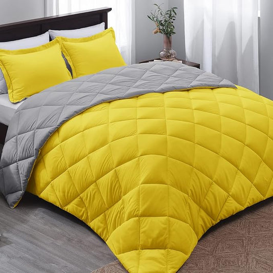 Basic Beyond Queen Comforter Set - Yellow and Gray Comforter Set Queen, Reversible Bed Comforter Queen Set for All Seasons, Yellow/Grey, 1 Comforter (88"x92") and 2 Pillow Shams (20"x26"+2")