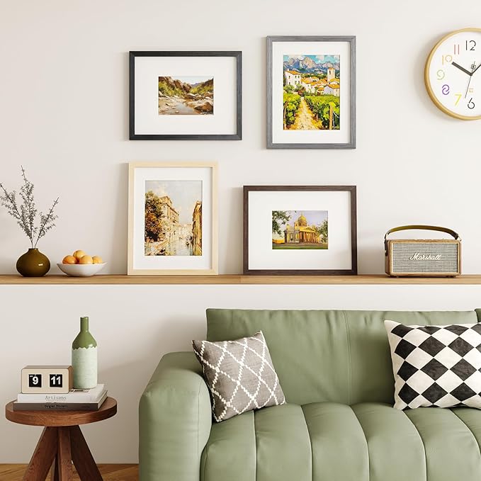 Egofine 11x14 Picture Frame Set of 4, Made of Solid Wood Multicolor Photo Frames Covered by Plexiglass 5x7 and 8x10 with Mat or 11x14 without Mat, for Table Top Display and Wall Mounting Mixed Colors