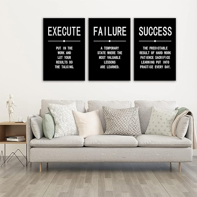 Success Quote Canvas Painting Wall Art Inspirational Wall Art Execute Failure Definition 3 Pieces Black Poster Positive Motivational Framed Artwork Prints Picture for Living Room Office [72''Wx 36''H]