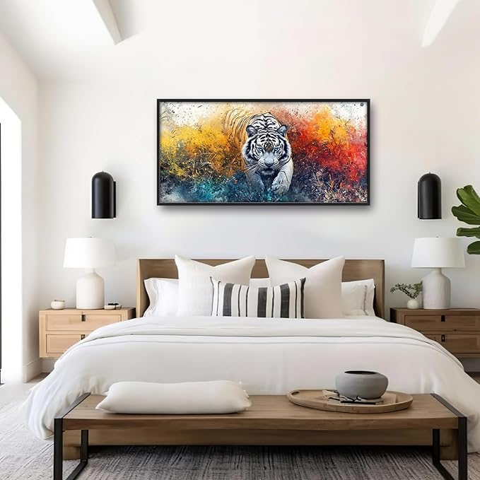 Extra Large Framed Abstract White Tiger Wall Art,Oversized Colorful Cool Tiger Wall Decor,Wild Animal Pictures for Living Room,Canvas Print Painting Modern Artwork Bedroom Office Bathroom 60L x30W