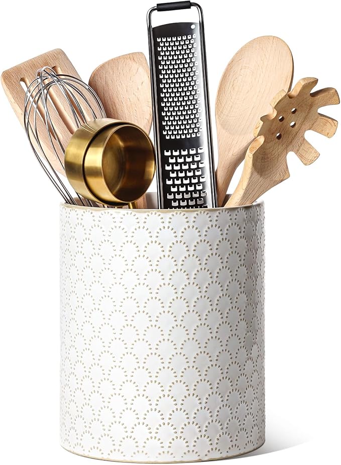 LE TAUCI Utensil Holder, 7.1" Ceramic Kitchen Utensil Holder for Counter top, Embossed Cooking Utensil Organizer for Spatula & Spoon, Kitchen Decor, Set of 1, Arctic White,Fireworks