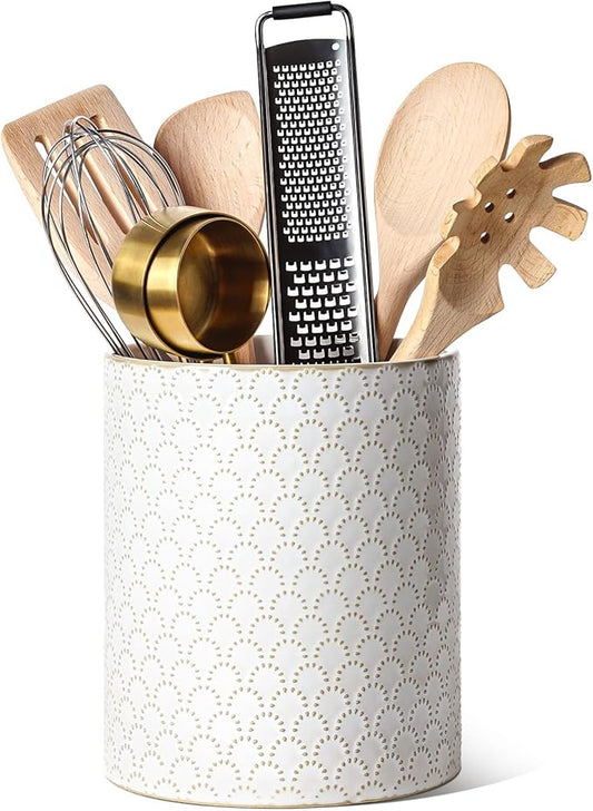 LE TAUCI Utensil Holder, 7.1" Ceramic Kitchen Utensil Holder for Counter top, Embossed Cooking Utensil Organizer for Spatula & Spoon, Kitchen Decor, Set of 1, Arctic White,Fireworks