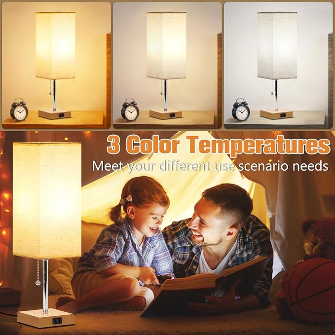 Table Lamp for Bedroom Set of 2, Bedside Lamps with 3 Color Temperatures Night Light, Lamp for Night Stands with AC Outlet and Square Shade, Pull Chain Small Desk Lamp for Living Room Home Decor