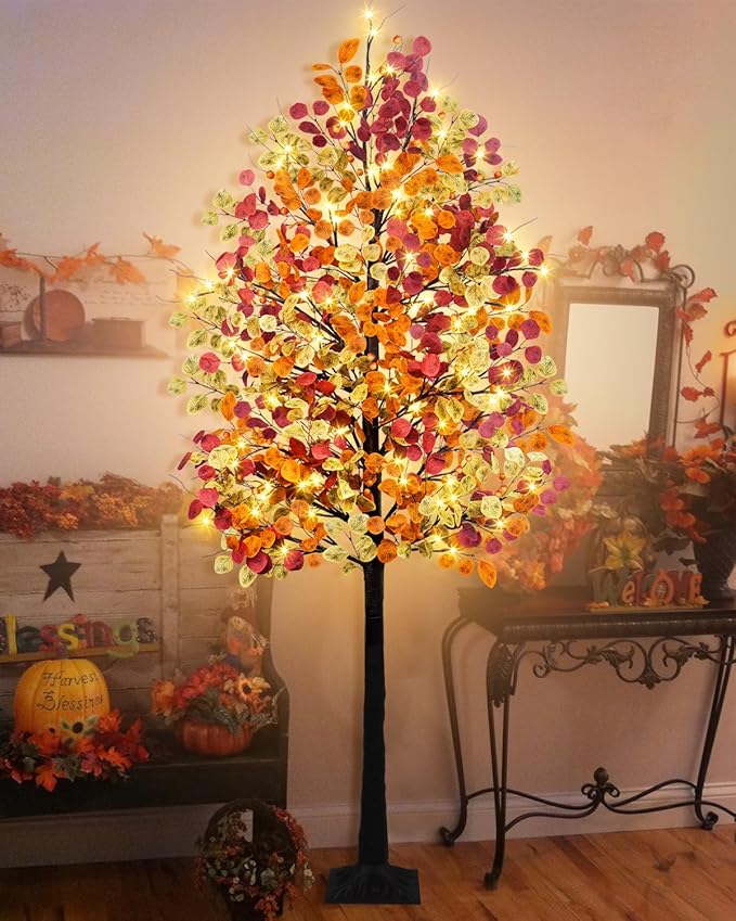Agusbagli 7FT 128LED Artificial Lighted Fall Eucalyptus Tree, Fall Decorations for Home with Timer Dimmable 8 Modes Fall Light Up Tree with 768 Leaves for Indoor Outdoor Autumn Thanksgiving Decor