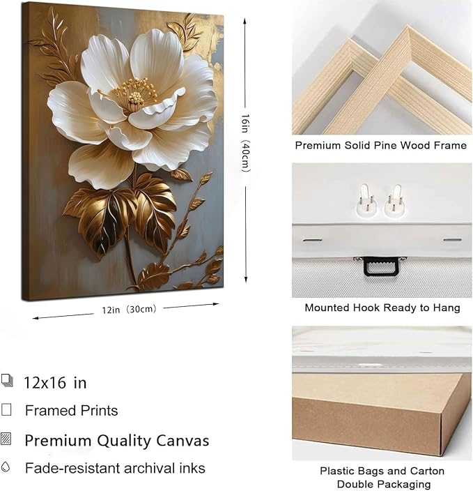 Flower Pictures Canvas Wall Art White Gold Flowers Elegant Wall Decor pictures 3D Retro Floral poster prints for Bedroom Bathroom Wall Decorations (12inx16in canvas)