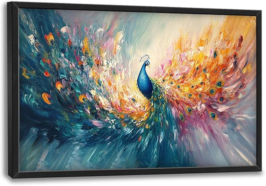 Flintis Large Colorful Peacock Framed Wall Art Peacock Feathers Pictures Wall Decor Abstract Animal Canvas Painting Print Artworks Decor Framed for Living Room Bathroom Master Bedroom 36L X 24W