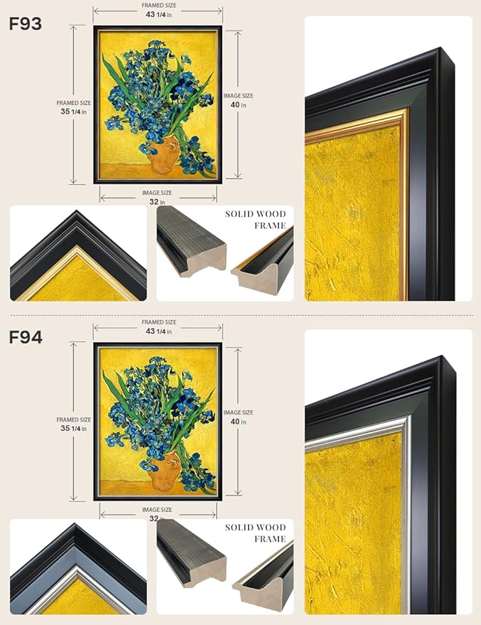 DECORARTS - Irises in a Vase by Vincent Van Gogh, Large Giclee Canvas Print with Solid Wood Frame, Oversized Wall Art Decor