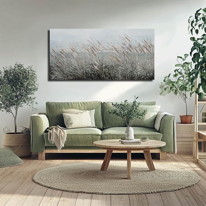 GAIDUOMAI Nature Wall Art Decor Vintage Reed Grass Painting Canvas Plant Pictures Sea Artwork for Bedroom Dining Room 24x48 Inch Living Room Poster