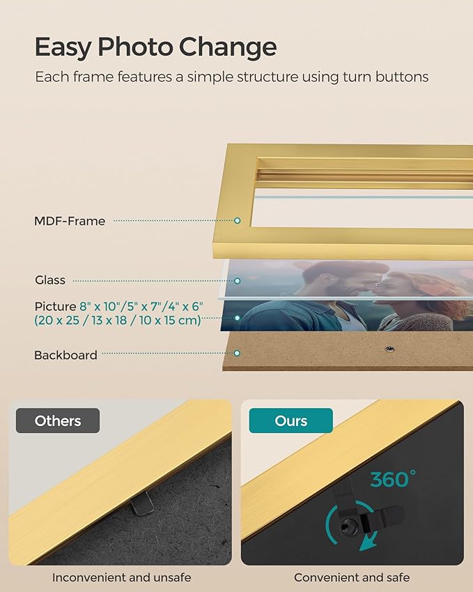 SONGMICS Picture Frames, Collage Picture Frames Set of 10, Two 8x10, Four 5x7, Four 4x6, Photo Frame for Wall Gallery Decor, Table Display, Glass, Pale Gold URPF010A01