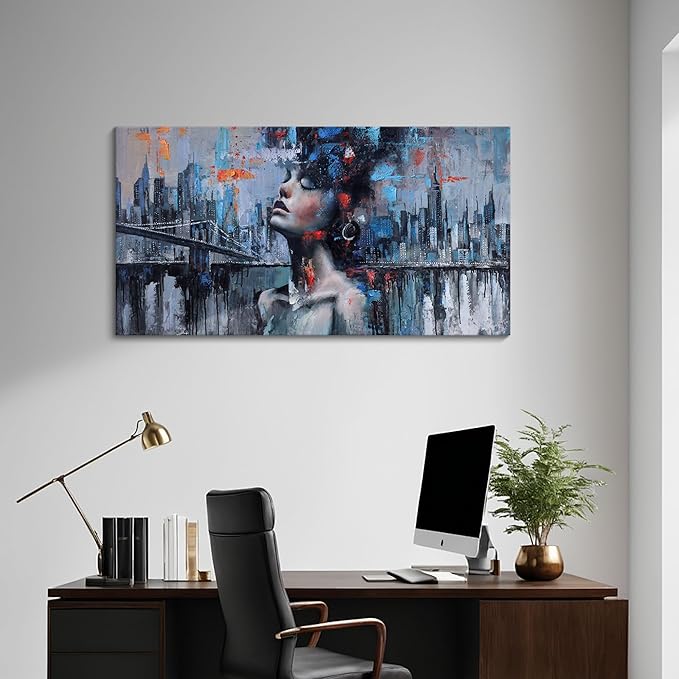 Navy Blue Abstract Wall Art Woman Picture for Living Room Modern Home Bedroom Decoration New York City Framed Cityscape Artwork Decor 20x40IN