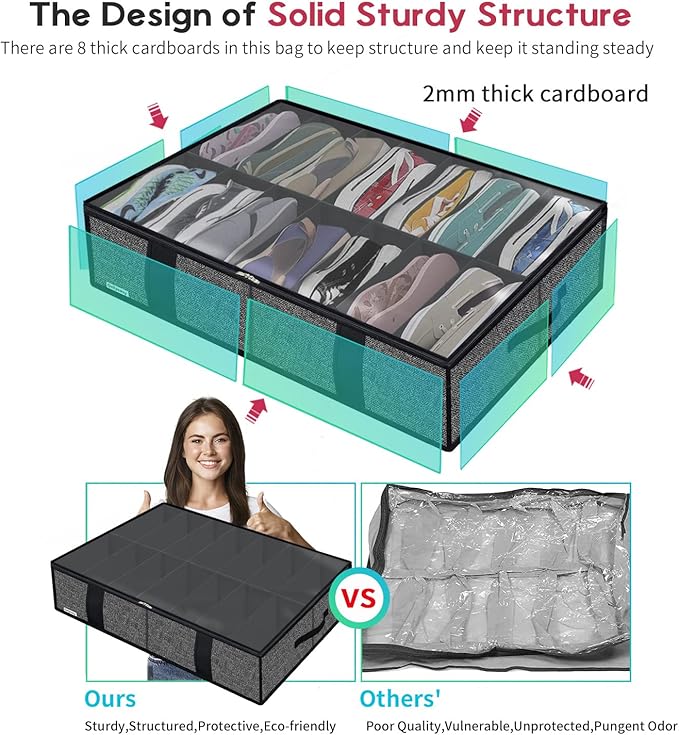 Onlyeasy 2 Pack Under Bed Shoe Storage Organizers with Handles & Clear window (Fit 14 +14 Pairs), Sturdy Underbed Box Organizer Shoe Storage Bags for Kids & Adults, Linen-like Black, MXAUBS14S14