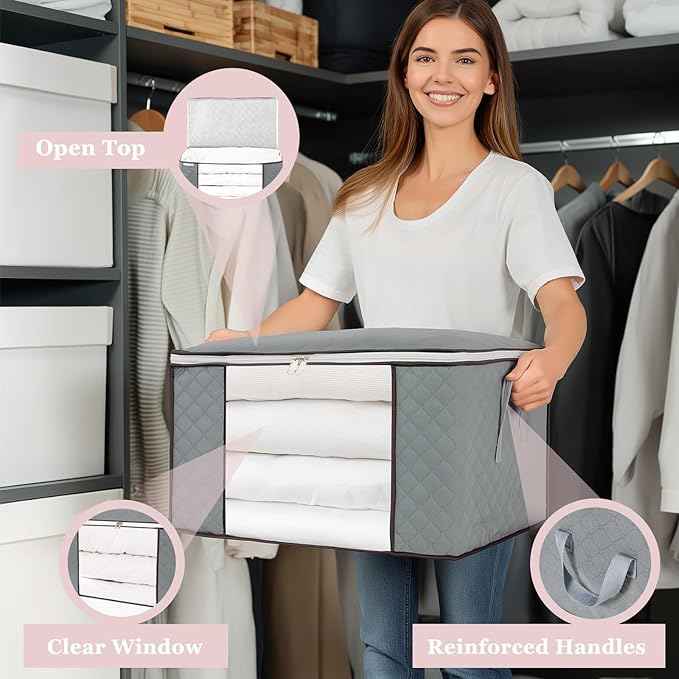 combocube Comforter Storage Bag, Zippered Bag with Large Clear Window and Carry Handles, Space Saver Organizers for Closet, Blanket, Pillow, Quilt, Bedding, Clothes (4Pcs Grey Large)